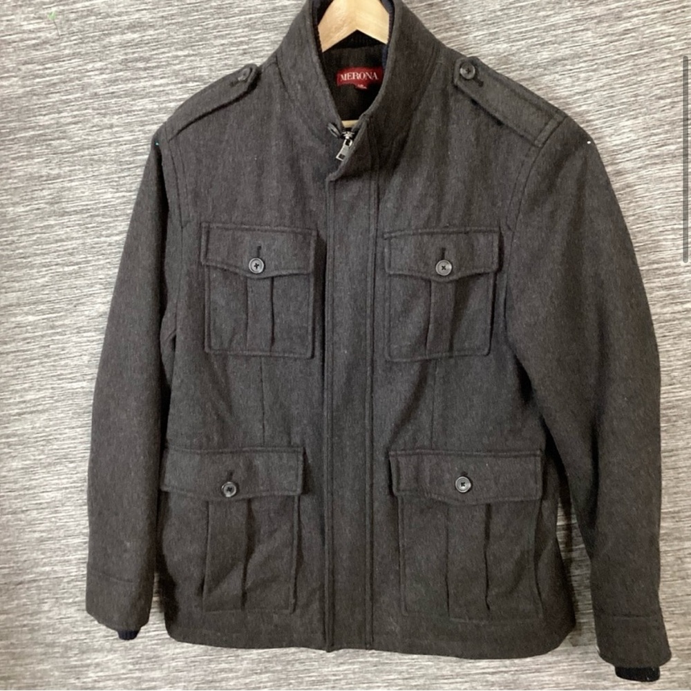 Merona Men's Charcoal Wool Peacoat with Pockets MockNeck